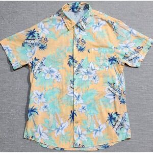 IZOD Saltwater Mens XL Orange Tropical Palm Tree Surfboard Hawaiian shirt beach